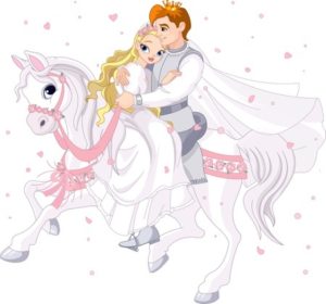 cartoon princess and prince on white horse